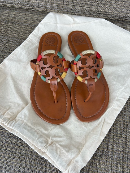 Tory Burch Shoes - EUC Tory Burch size 7 Tan Brown Leather Miller Sandals Multicolor Trim Logo